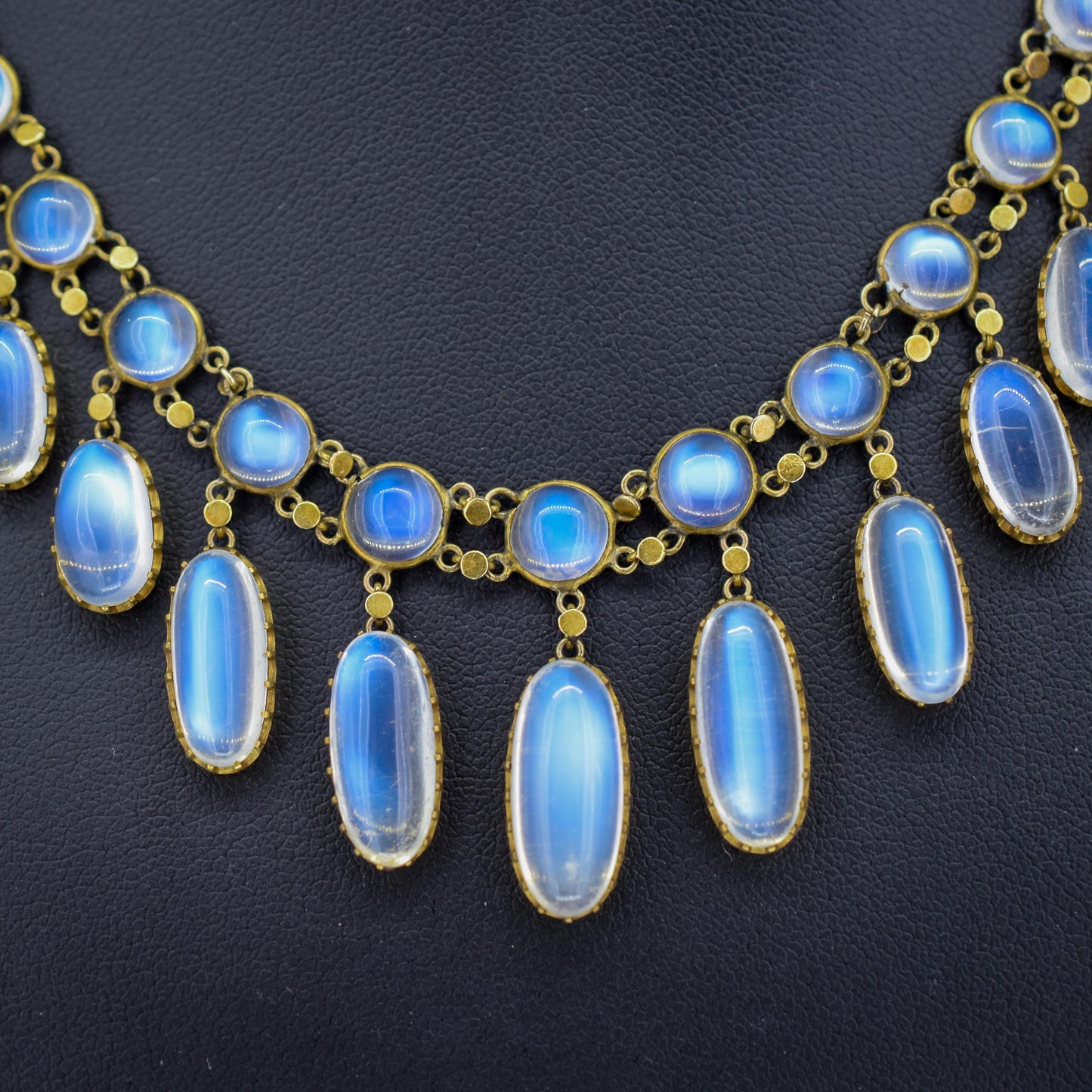 Antique Moonstone 9ct Yellow Gold Drop Fringe Festoon Necklace, 33.07ct