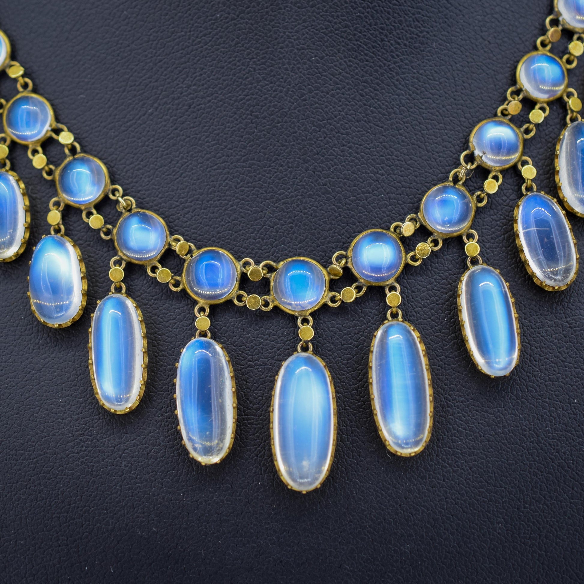 Antique Moonstone 9ct Yellow Gold Drop Fringe Festoon Necklace, 33.07ct