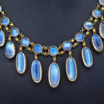 Antique Moonstone 9ct Yellow Gold Drop Fringe Festoon Necklace, 33.07ct