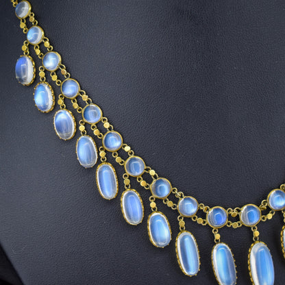 Antique Moonstone 9ct Yellow Gold Drop Fringe Festoon Necklace, 33.07ct