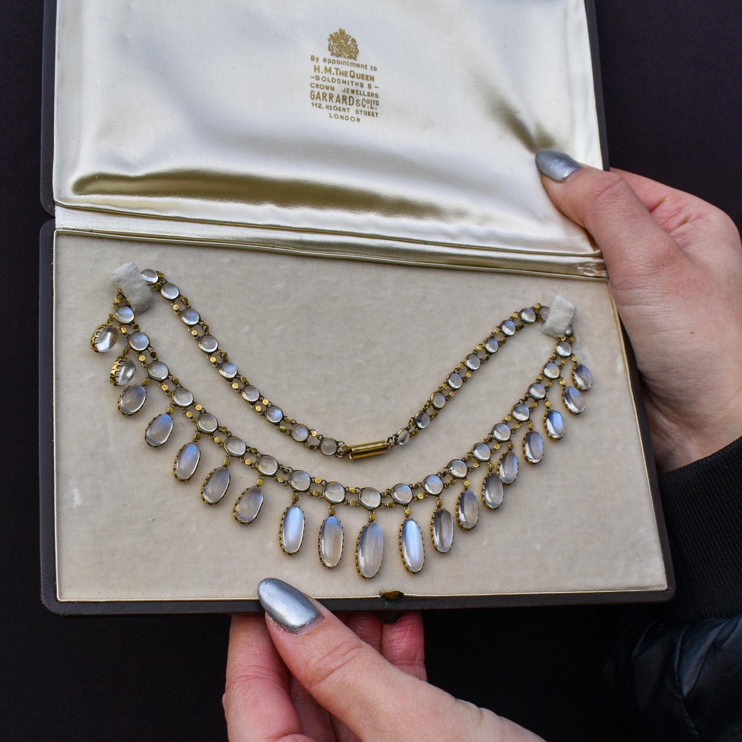 Antique Moonstone 9ct Yellow Gold Drop Fringe Festoon Necklace, 33.07ct