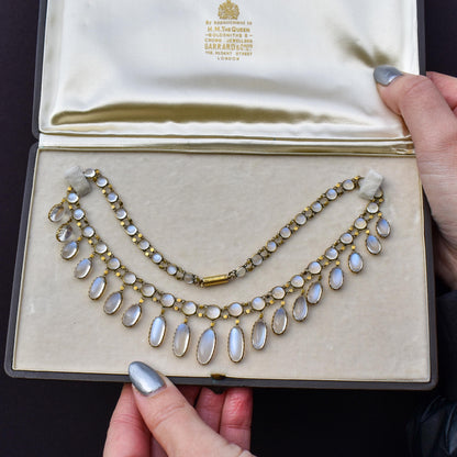 Antique Moonstone 9ct Yellow Gold Drop Fringe Festoon Necklace, 33.07ct