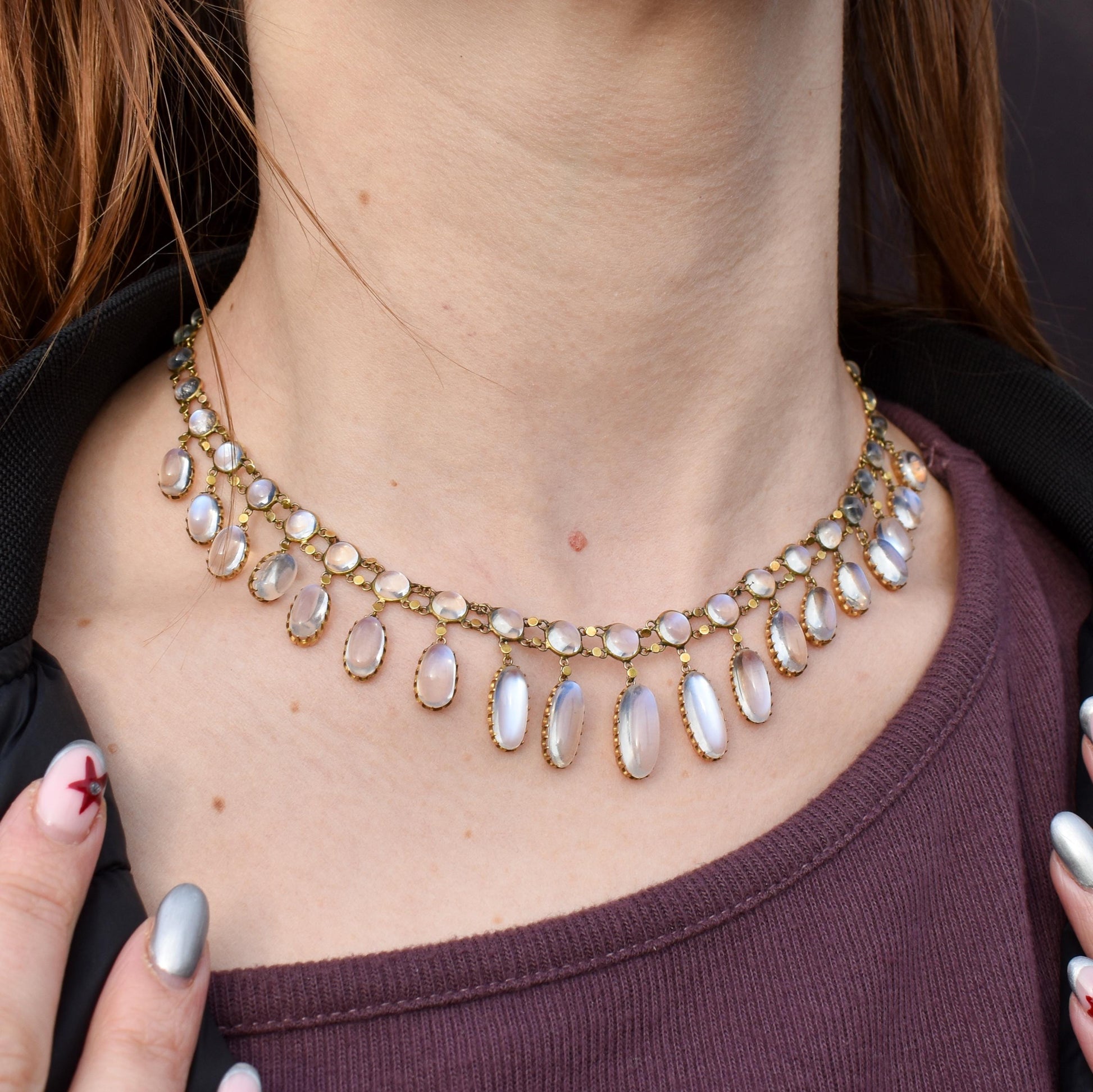 Antique Moonstone 9ct Yellow Gold Drop Fringe Festoon Necklace, 33.07ct