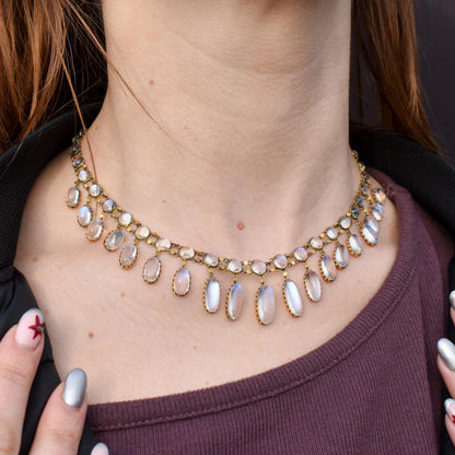 Antique Moonstone 9ct Yellow Gold Drop Fringe Festoon Necklace, 33.07ct