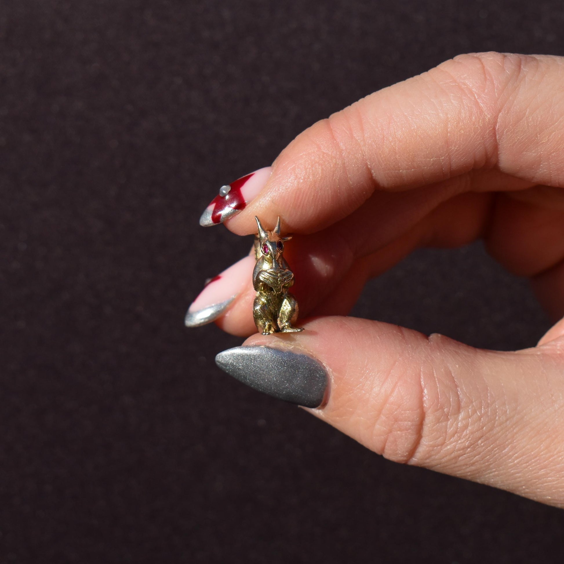 Vintage Solid Gold Squirrel Animal Charm Pendant with Ruby Eyes