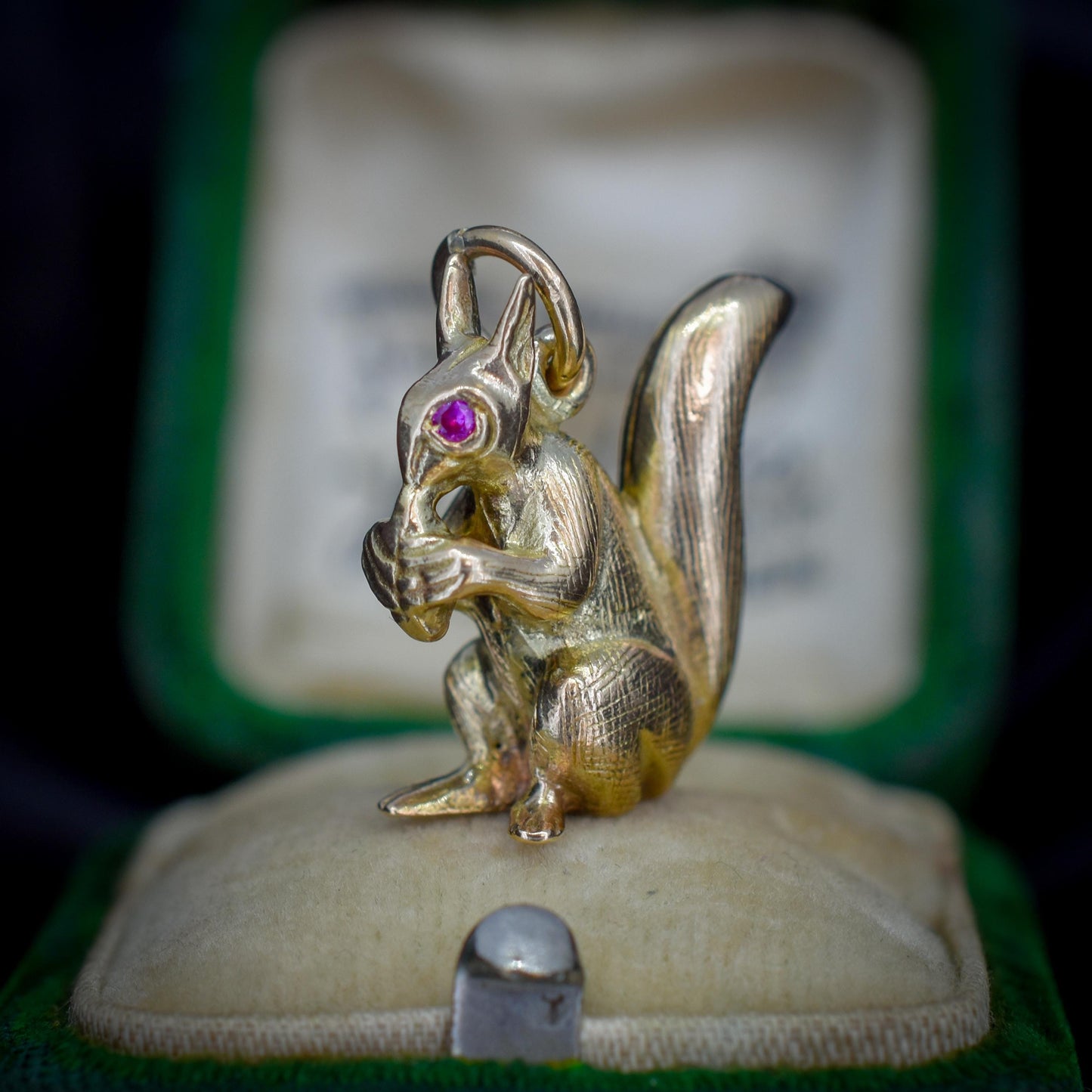 Vintage Solid Gold Squirrel Animal Charm Pendant with Ruby Eyes