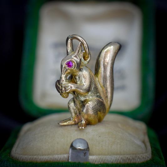 Vintage Solid Gold Squirrel Animal Charm Pendant with Ruby Eyes
