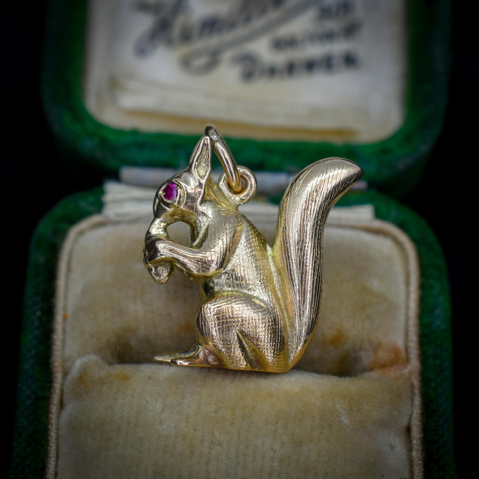Vintage Solid Gold Squirrel Animal Charm Pendant with Ruby Eyes
