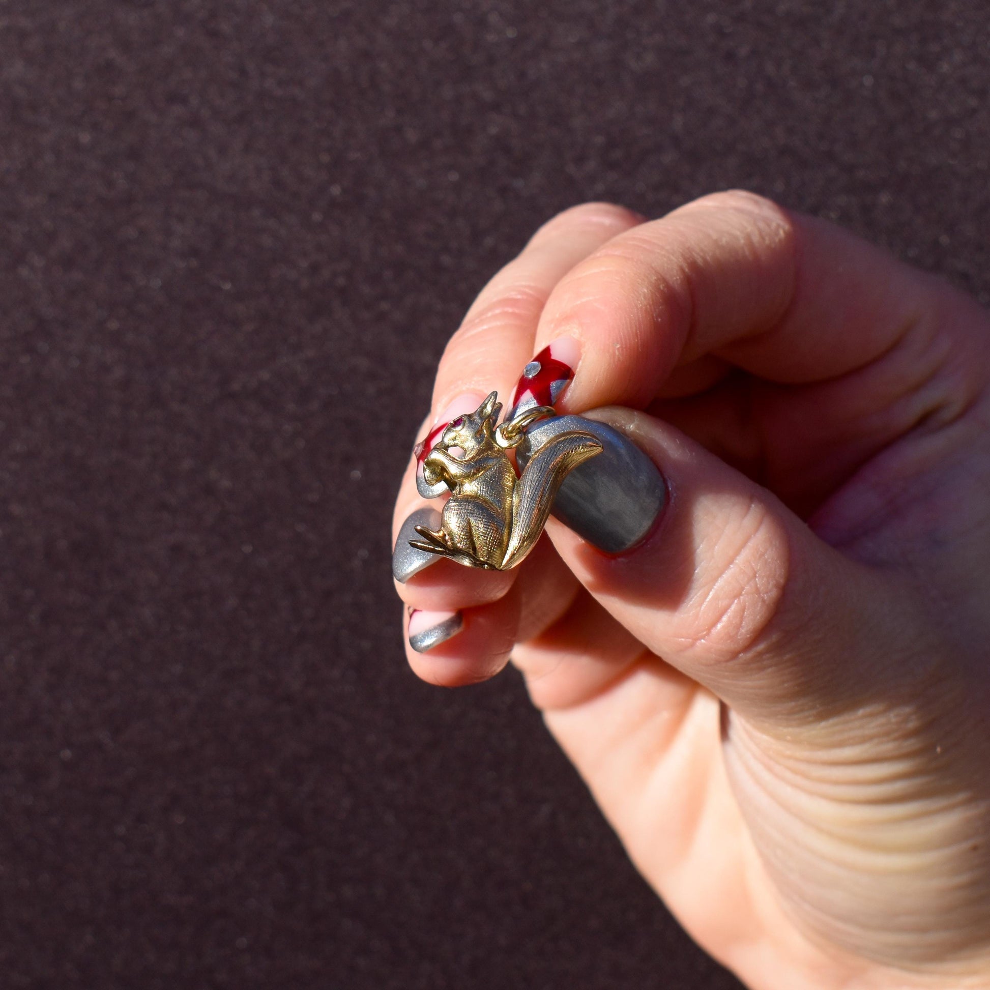 Vintage Solid Gold Squirrel Animal Charm Pendant with Ruby Eyes
