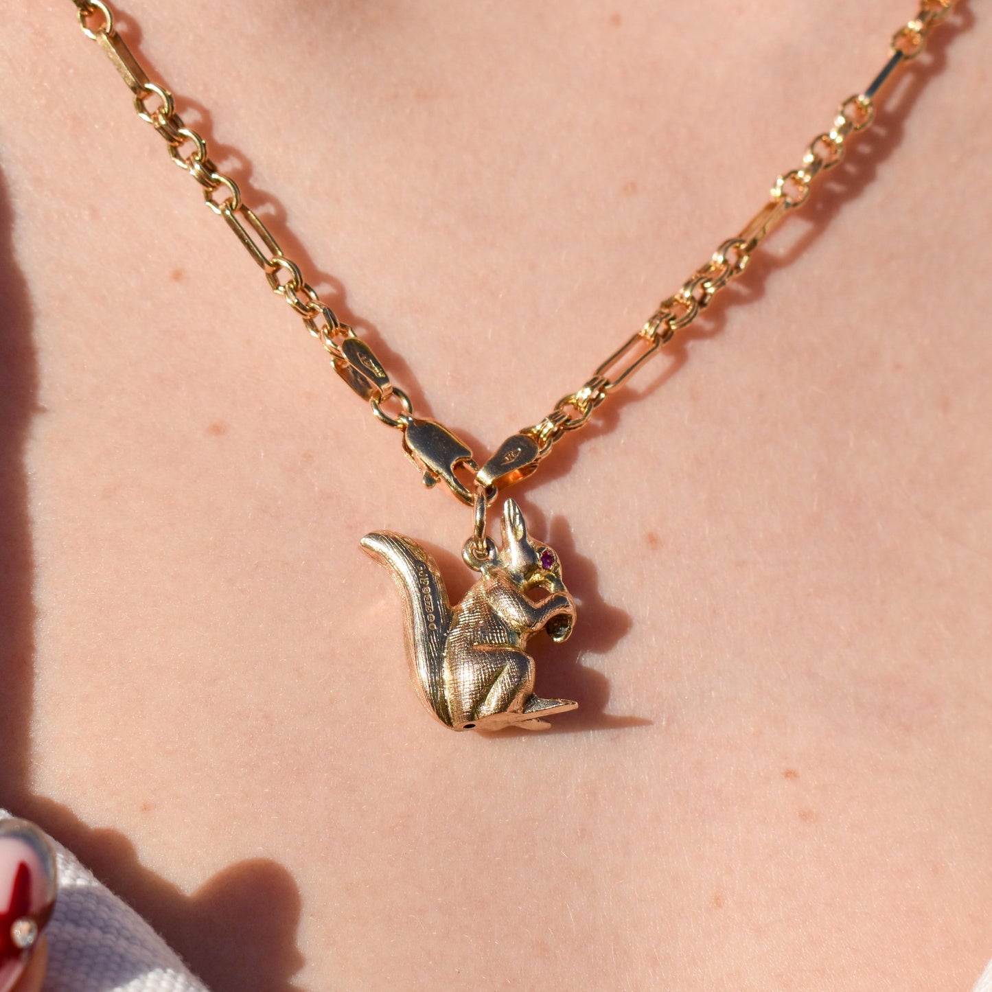 Vintage Solid Gold Squirrel Animal Charm Pendant with Ruby Eyes