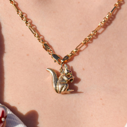 Vintage Solid Gold Squirrel Animal Charm Pendant with Ruby Eyes
