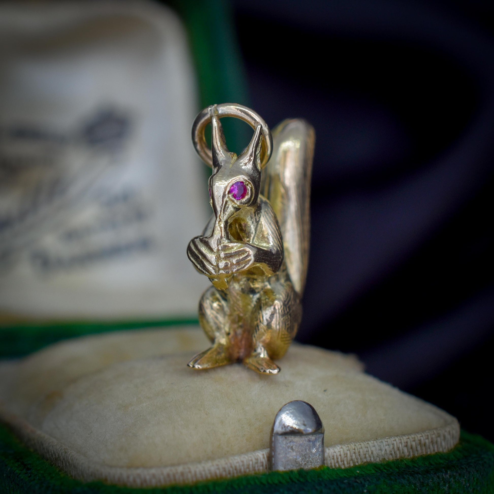 Vintage Solid Gold Squirrel Animal Charm Pendant with Ruby Eyes
