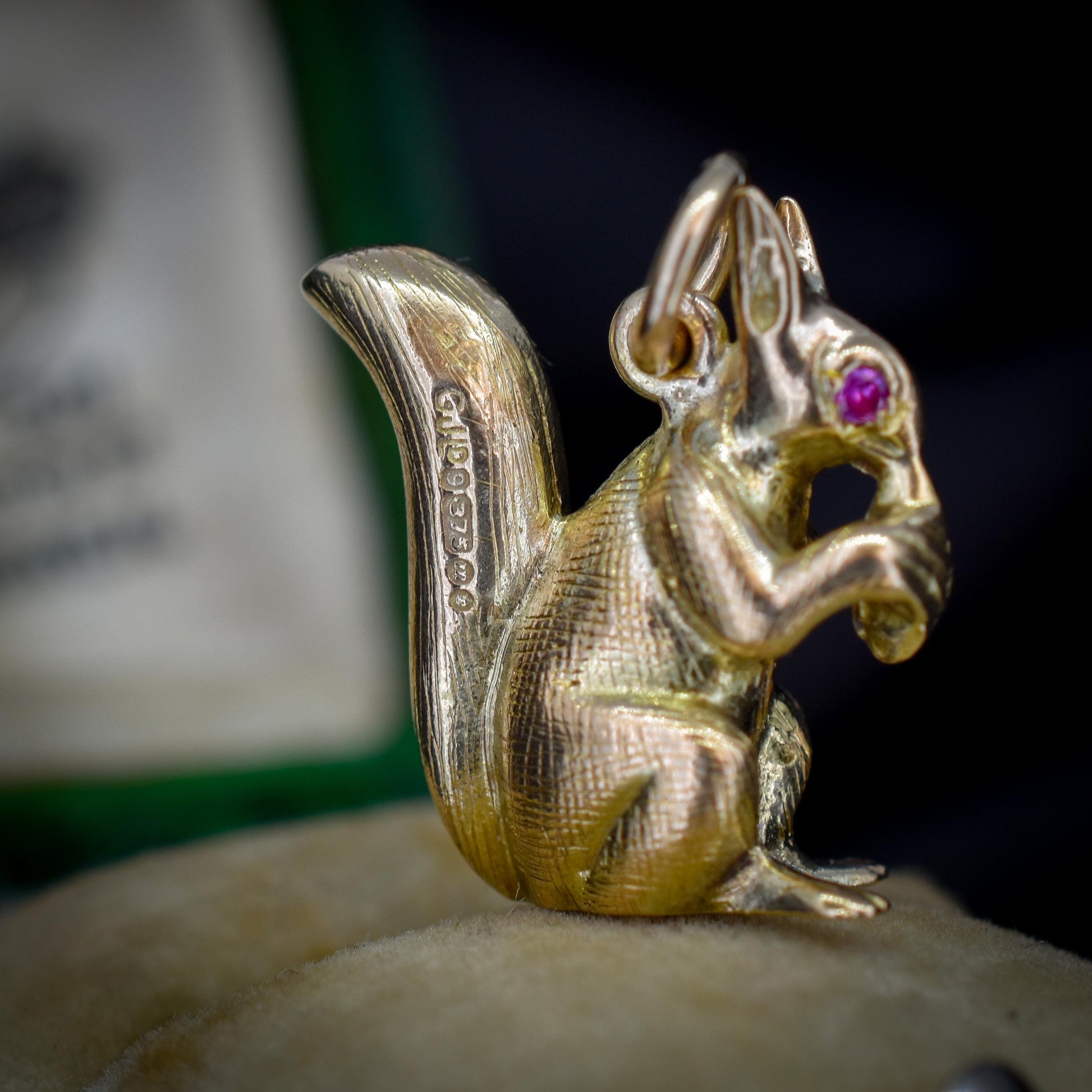 Vintage Solid Gold Squirrel Animal Charm Pendant with Ruby Eyes
