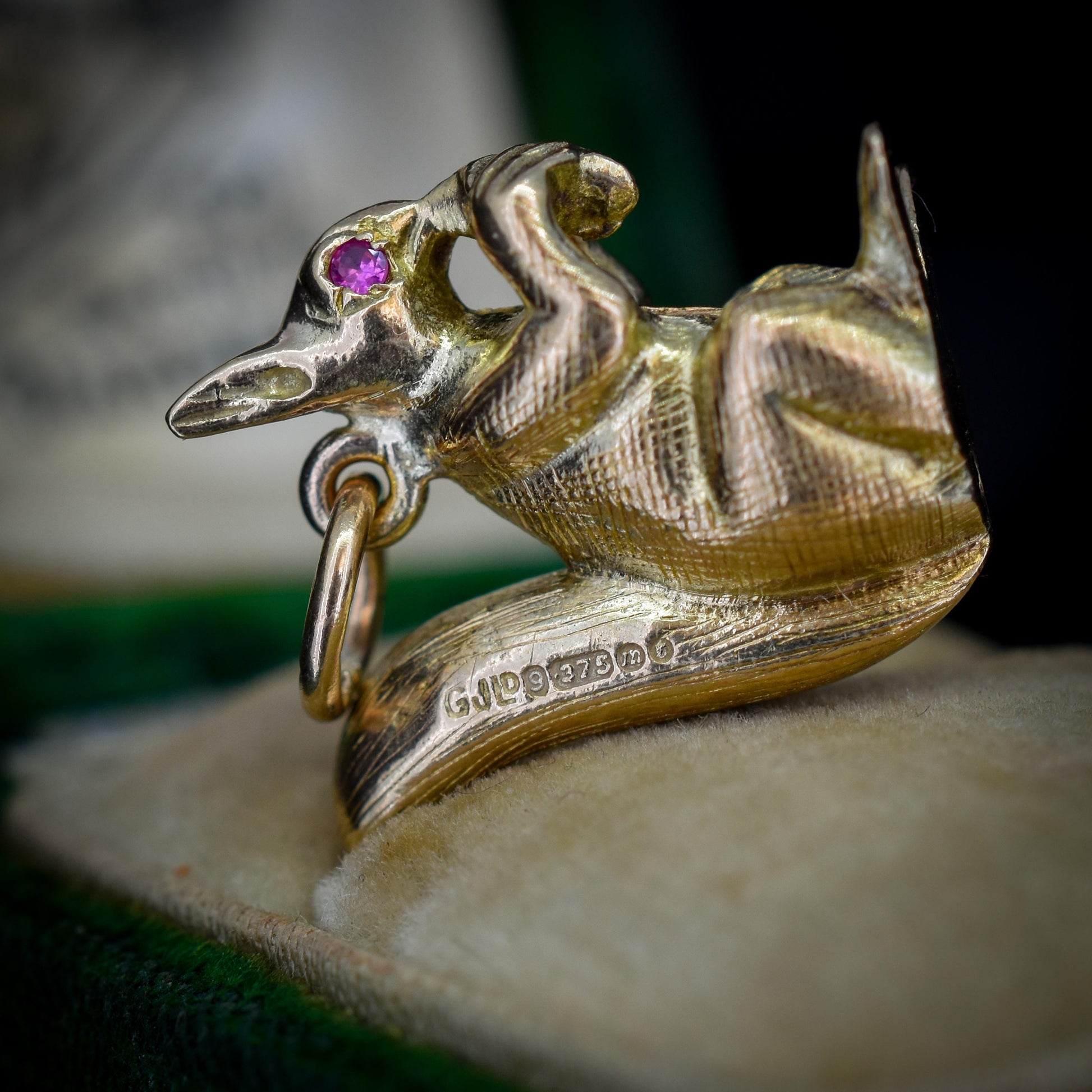 Vintage Solid Gold Squirrel Animal Charm Pendant with Ruby Eyes