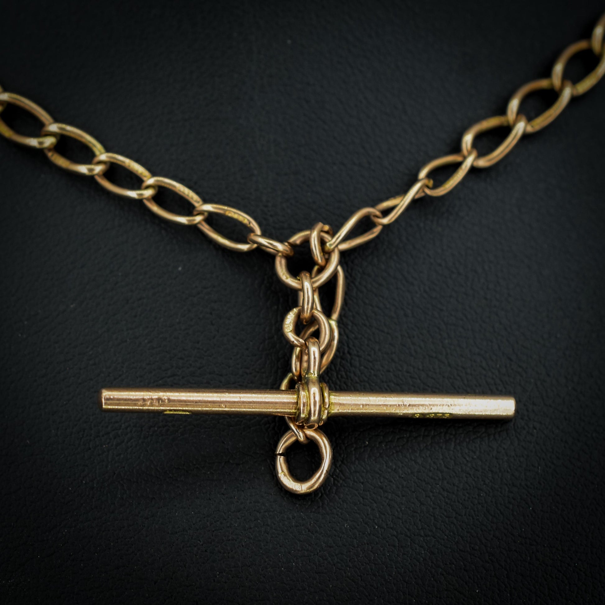 Art Deco 9ct Gold Oval Link Double Dog Clip Albert Watch Chain Necklace | 14"