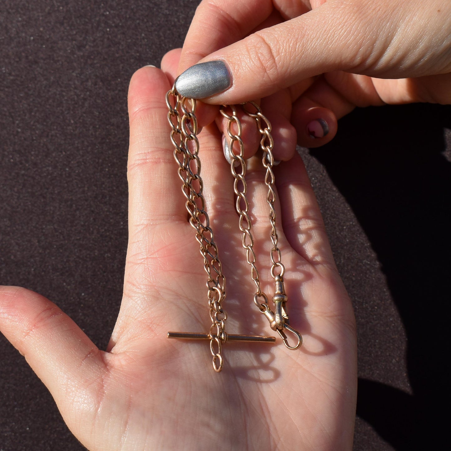 Art Deco 9ct Gold Oval Link Double Dog Clip Albert Watch Chain Necklace | 14"