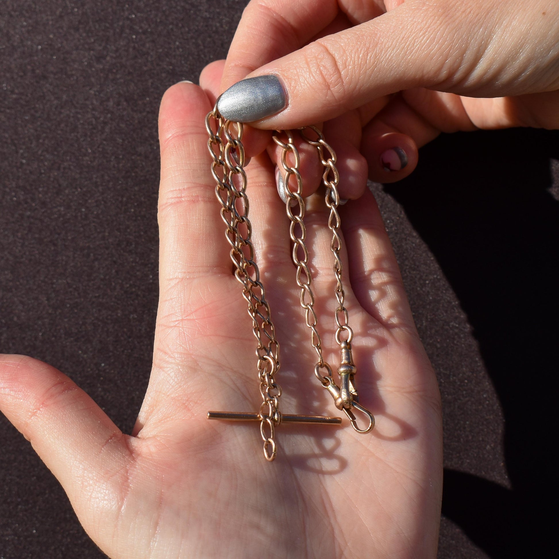 Art Deco 9ct Gold Oval Link Double Dog Clip Albert Watch Chain Necklace | 14"