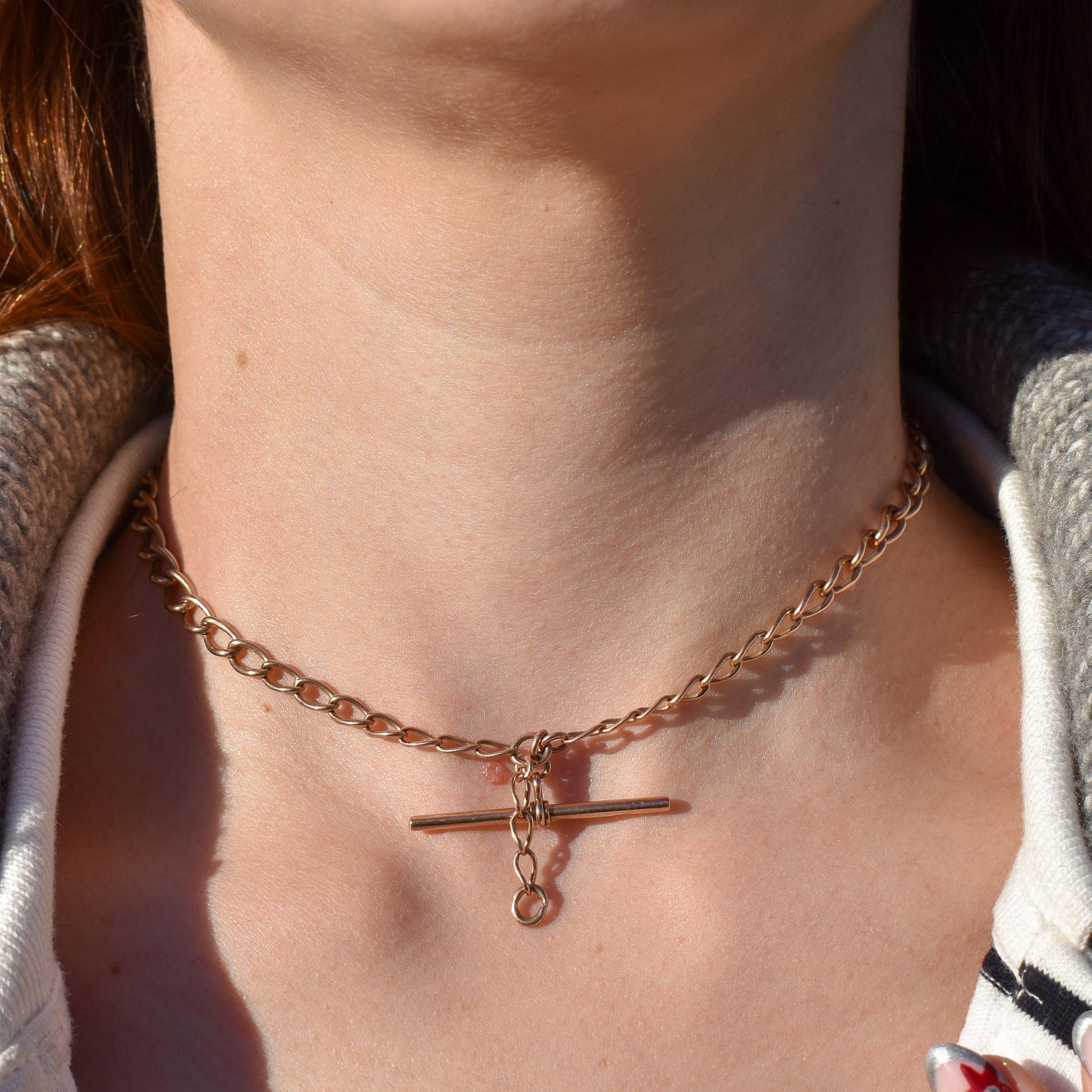 Art Deco 9ct Gold Oval Link Double Dog Clip Albert Watch Chain Necklace | 14"