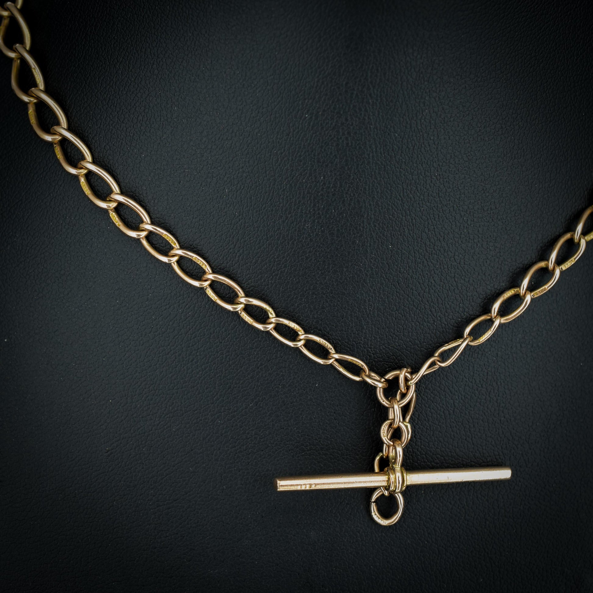 Art Deco 9ct Gold Oval Link Double Dog Clip Albert Watch Chain Necklace | 14"