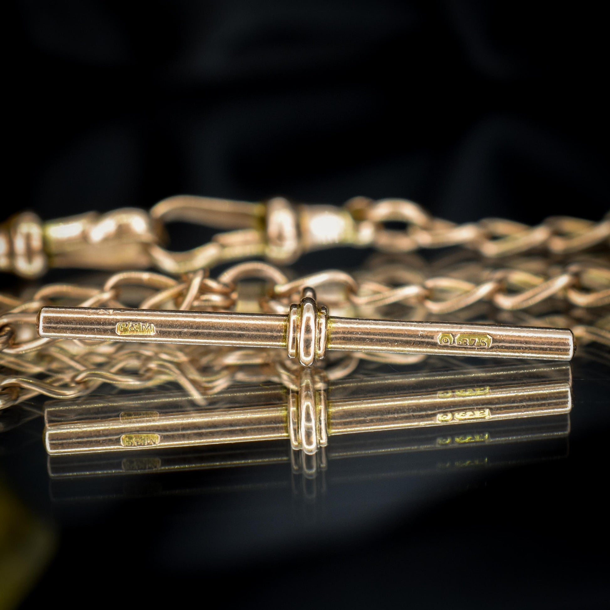 Art Deco 9ct Gold Oval Link Double Dog Clip Albert Watch Chain Necklace | 14"