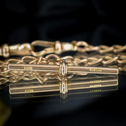 Art Deco 9ct Gold Oval Link Double Dog Clip Albert Watch Chain Necklace | 14"