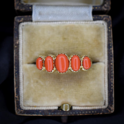 Coral Five Stone 9ct Yellow Gold Ring Band | Antique Georgian Style