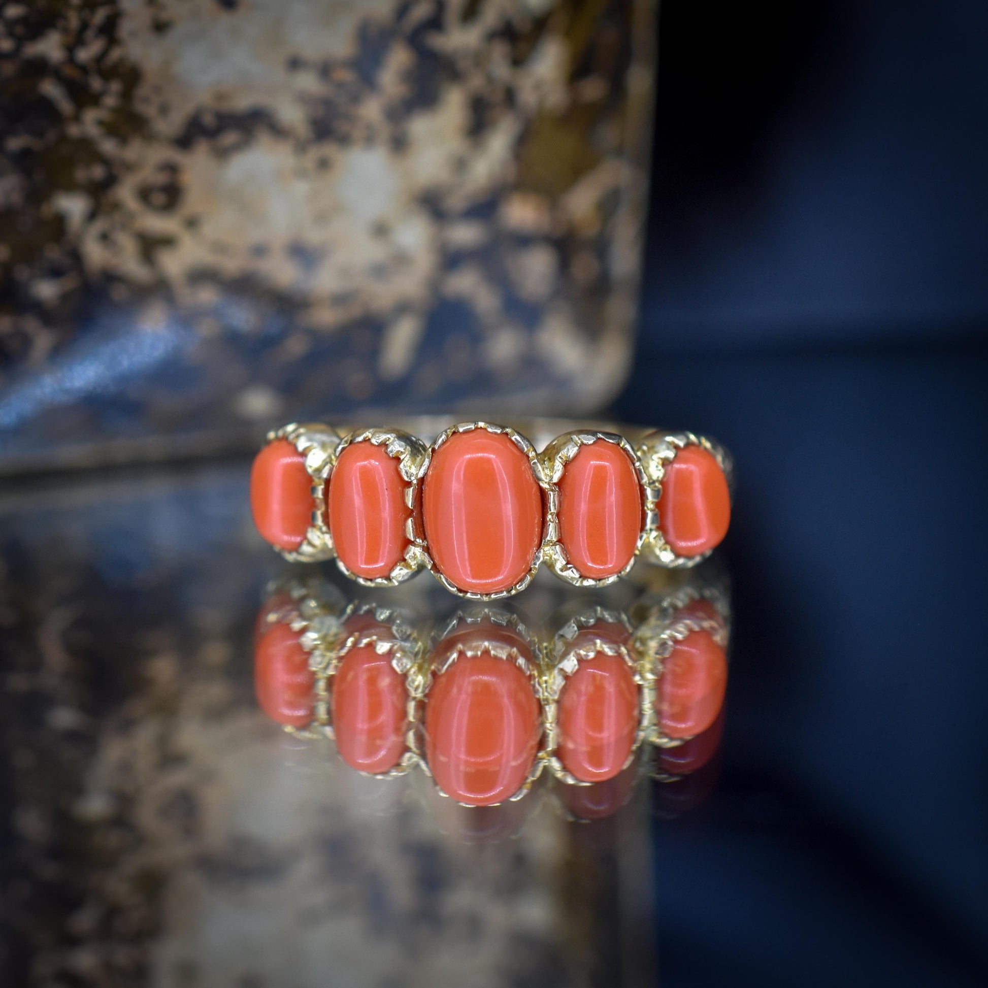 Coral Five Stone 9ct Yellow Gold Ring Band | Antique Georgian Style