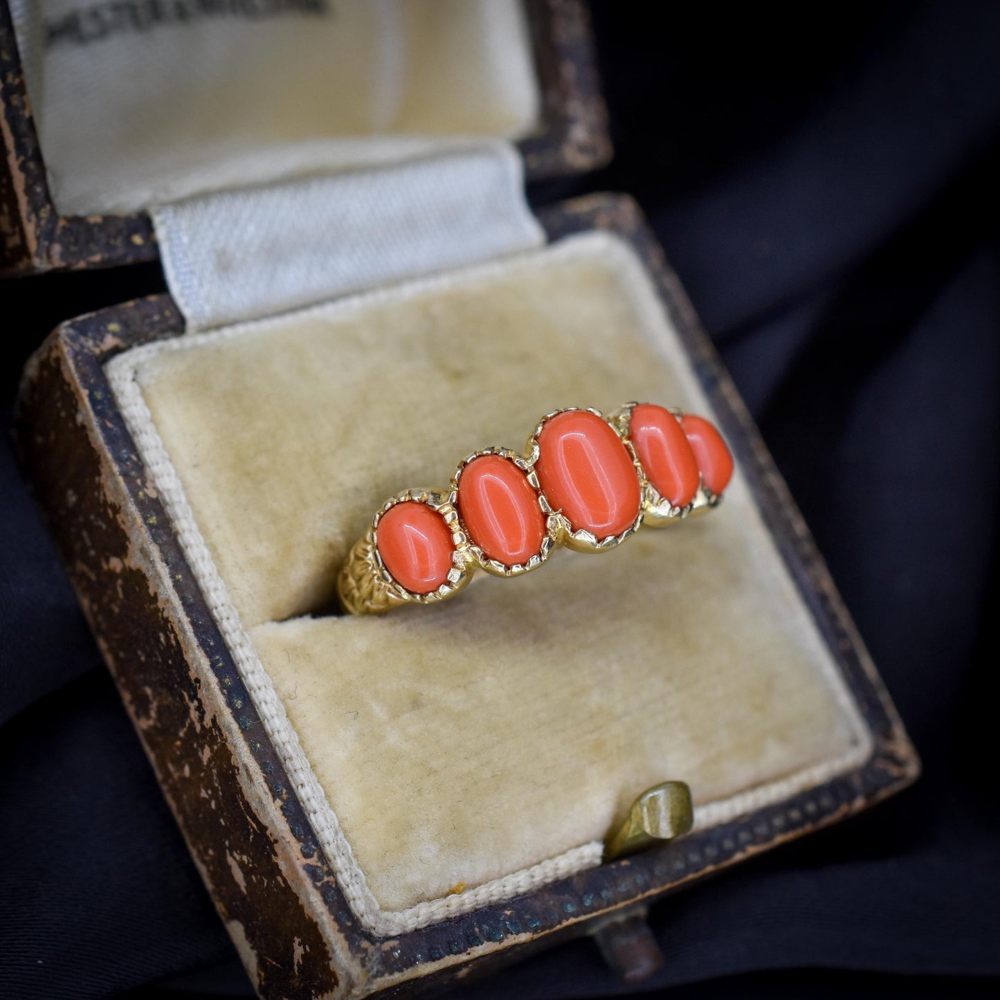 Coral Five Stone 9ct Yellow Gold Ring Band | Antique Georgian Style