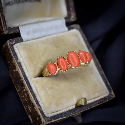 Coral Five Stone 9ct Yellow Gold Ring Band | Antique Georgian Style