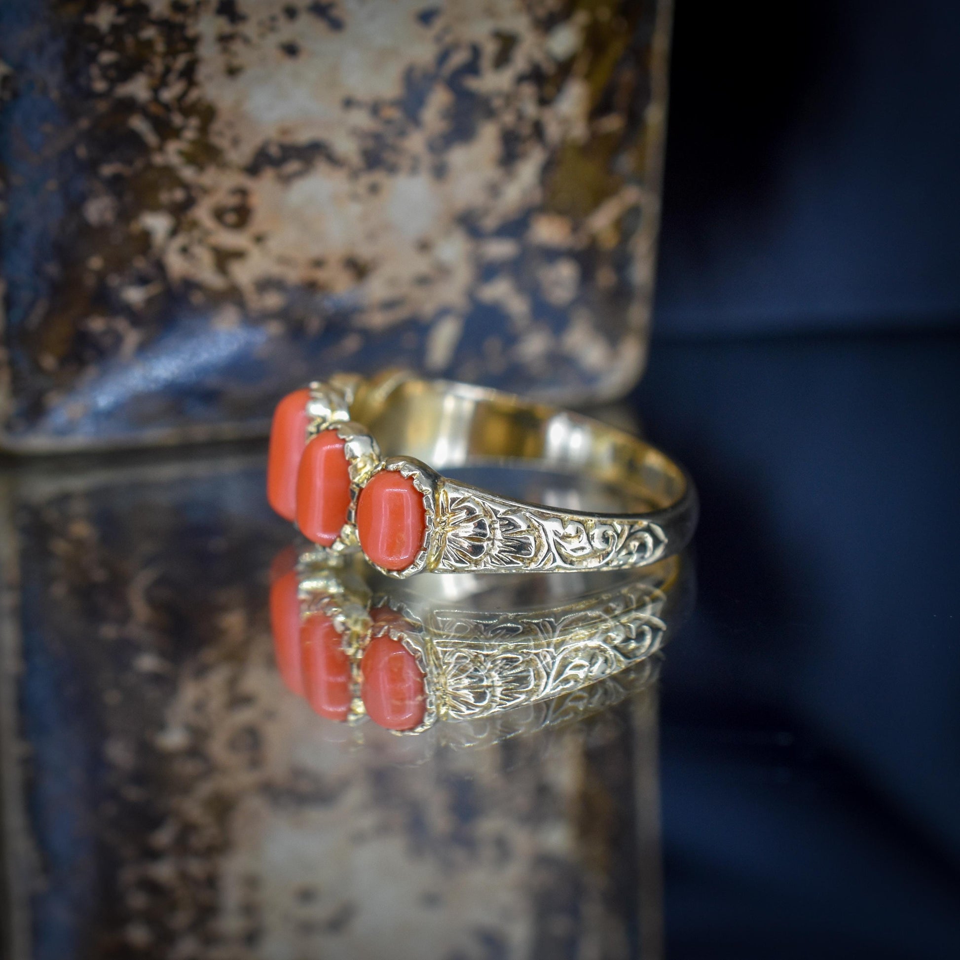 Coral Five Stone 9ct Yellow Gold Ring Band | Antique Georgian Style