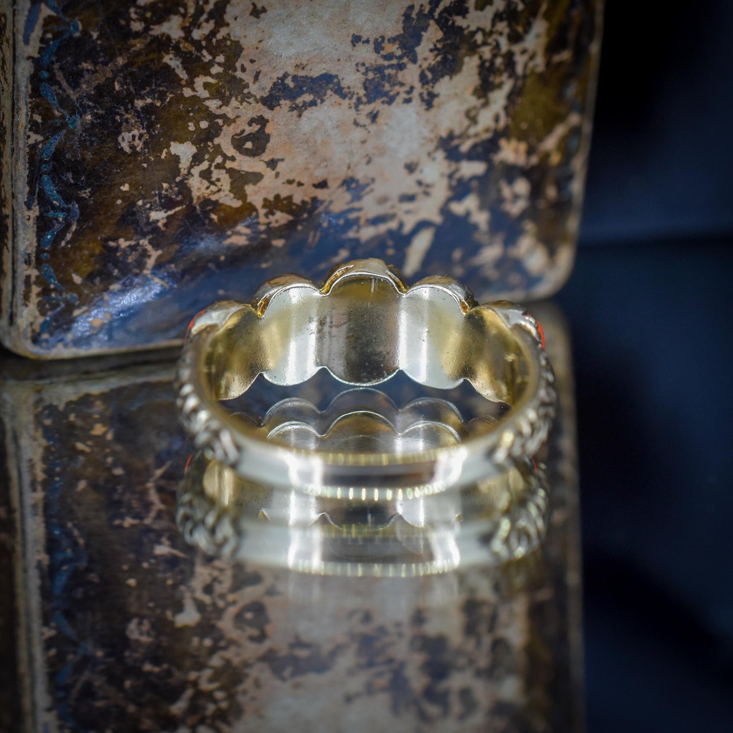 Coral Five Stone 9ct Yellow Gold Ring Band | Antique Georgian Style