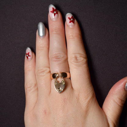 Antique Heart Padlock Drop 9ct Gold Band Ring | Birmingham 1921