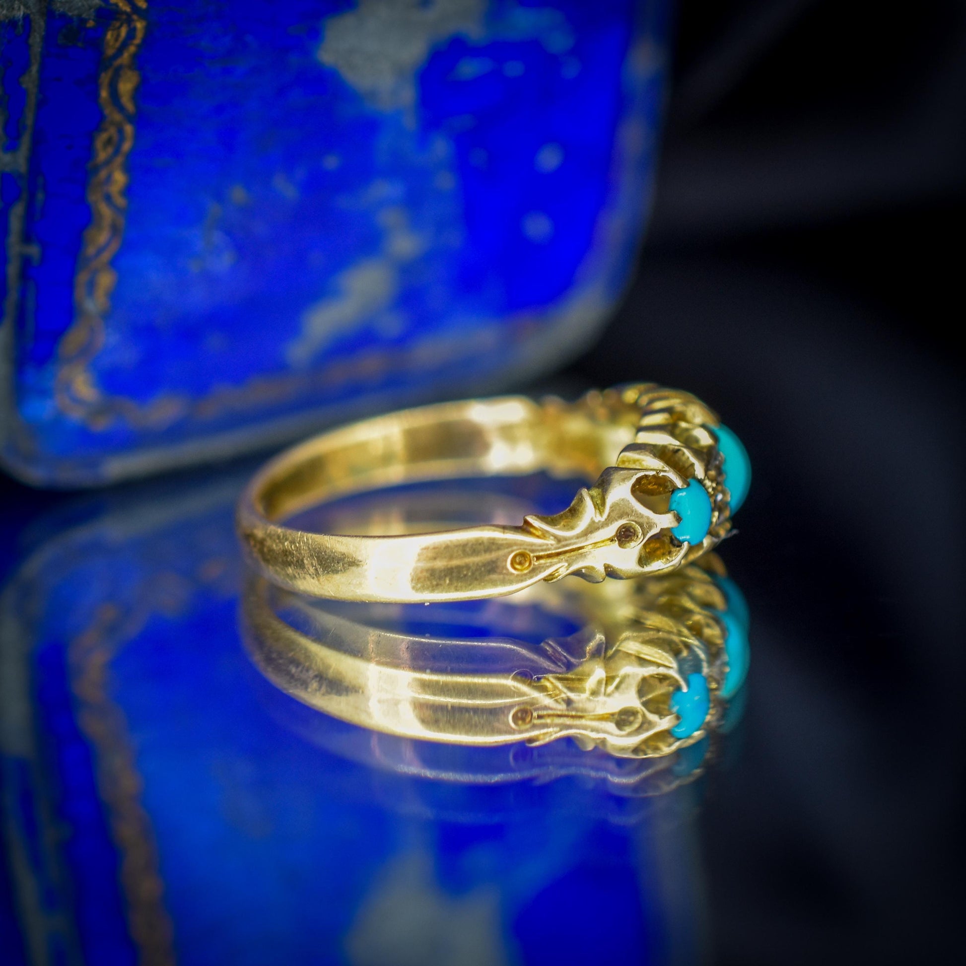 Antique Turquoise and Diamond Scroll Boat 18ct Gold Ring | Dated 1900