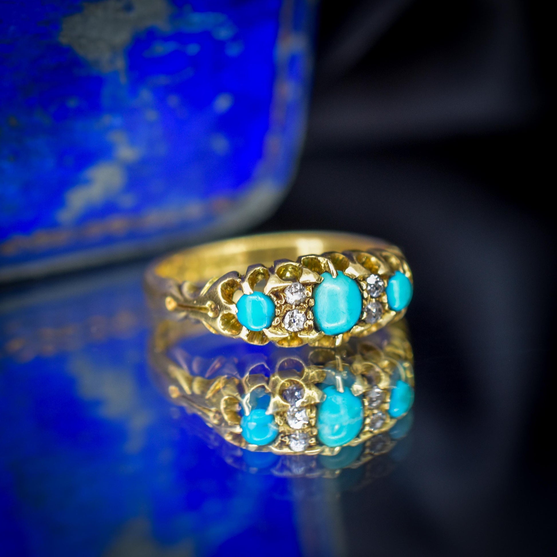 Antique Turquoise and Diamond Scroll Boat 18ct Gold Ring | Dated 1900