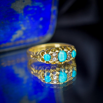 Antique Turquoise and Diamond Scroll Boat 18ct Gold Ring | Dated 1900