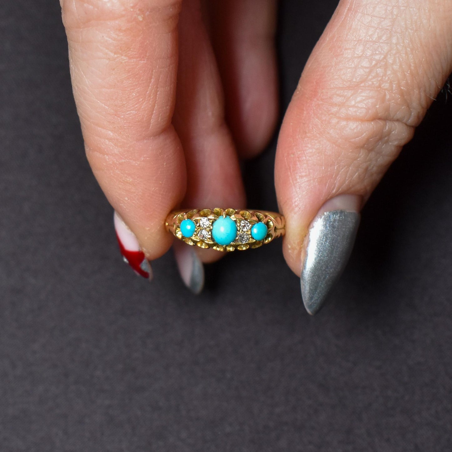 Antique Turquoise and Diamond Scroll Boat 18ct Gold Ring | Dated 1900