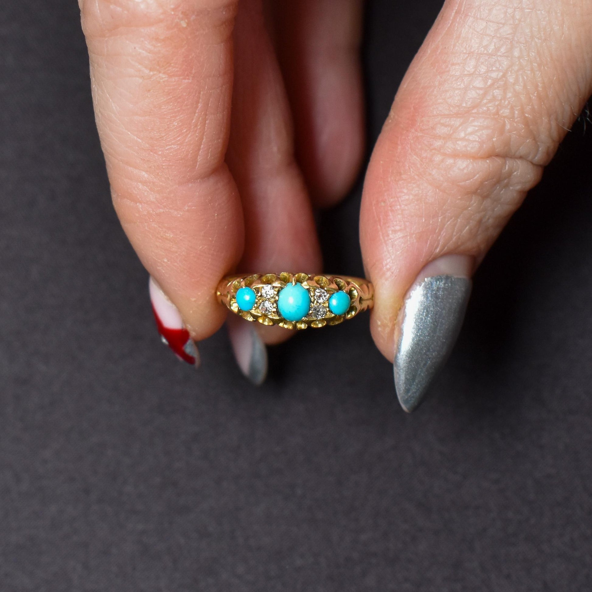 Antique Turquoise and Diamond Scroll Boat 18ct Gold Ring | Dated 1900
