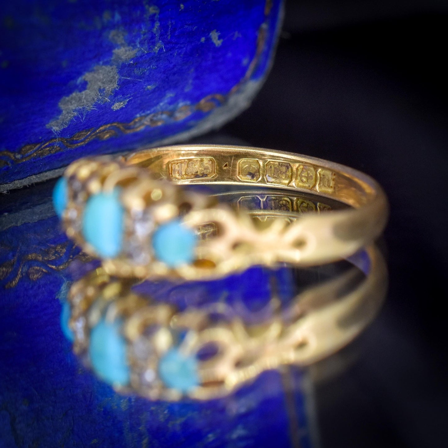 Antique Turquoise and Diamond Scroll Boat 18ct Gold Ring | Dated 1900