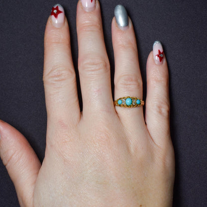 Antique Turquoise and Diamond Scroll Boat 18ct Gold Ring | Dated 1900