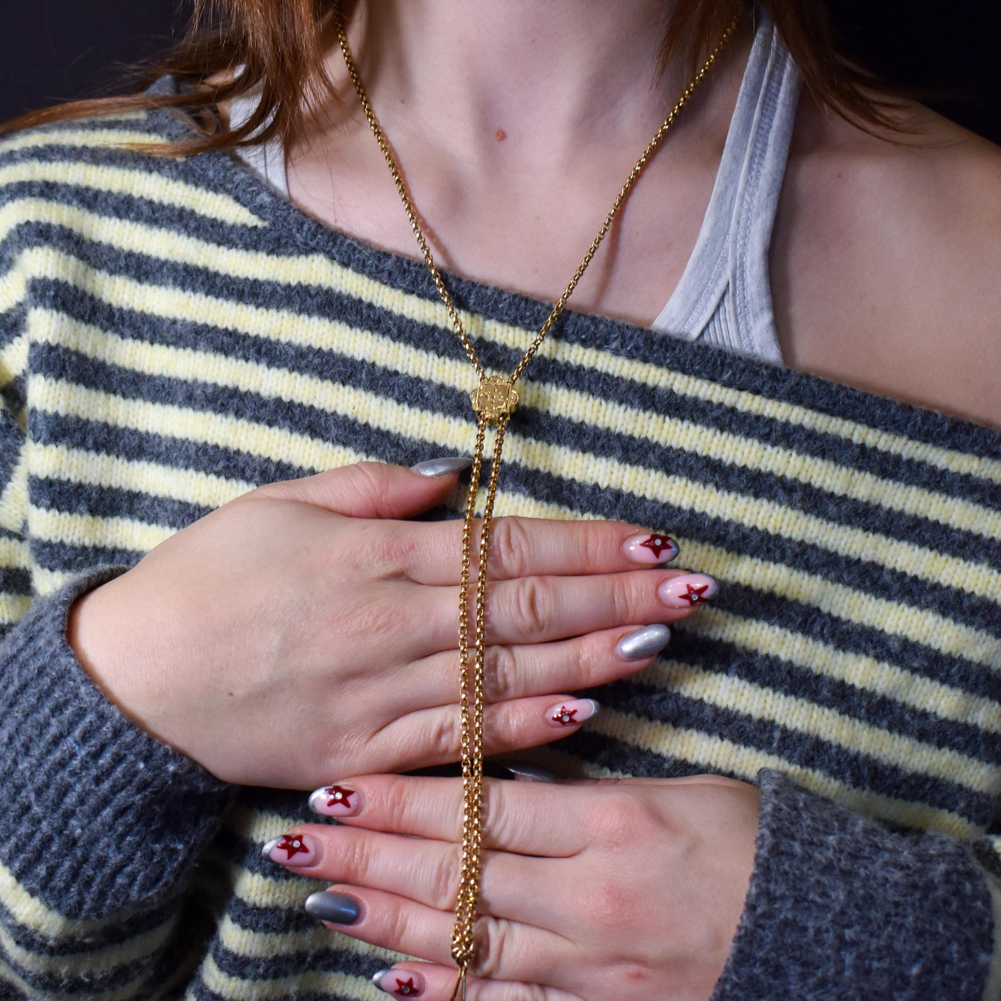 Antique 15ct Gold Chain Necklace with Engraved Slider and Hook | 32"