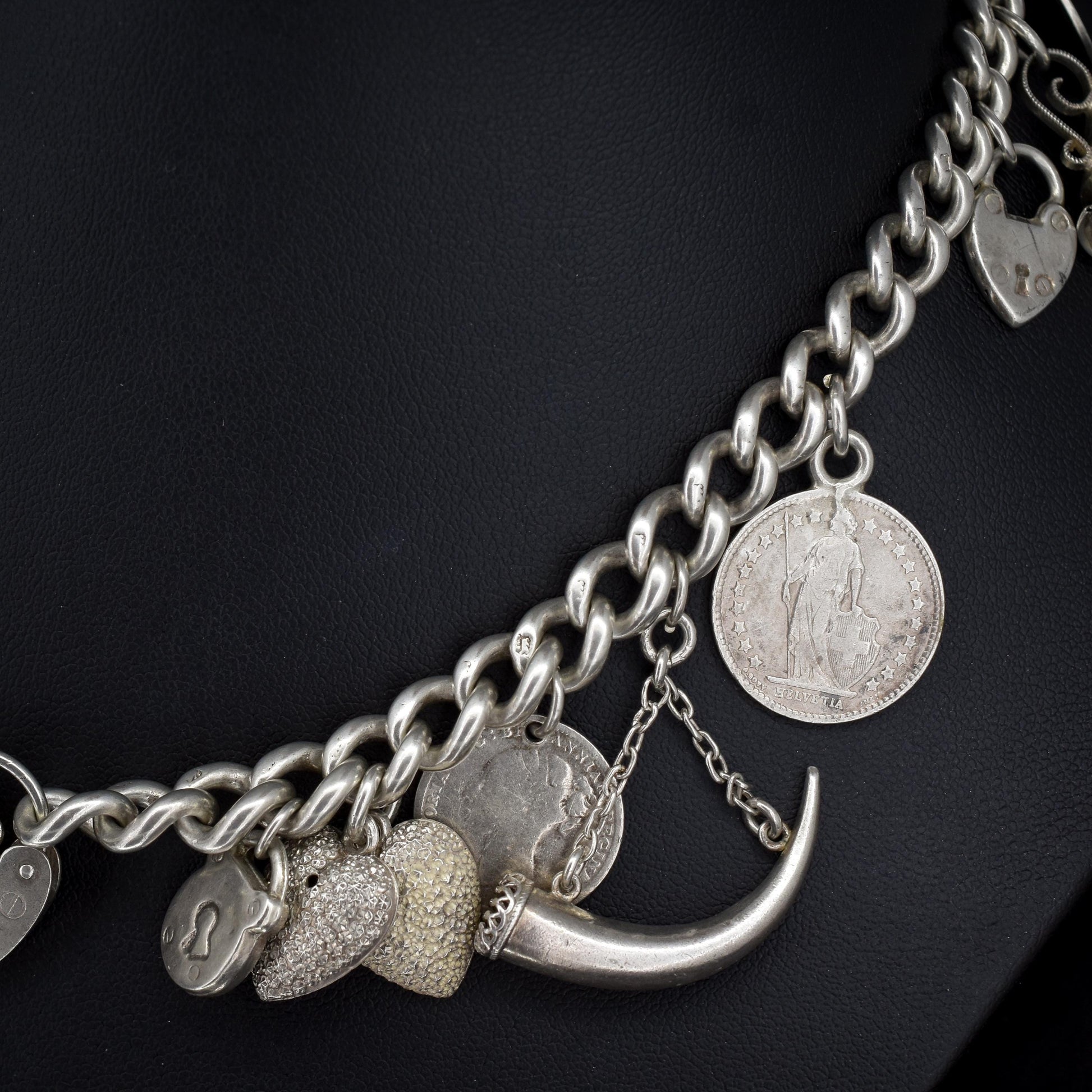 Vintage Sterling Silver Curb Link Multi Charm Necklace | 15.5"