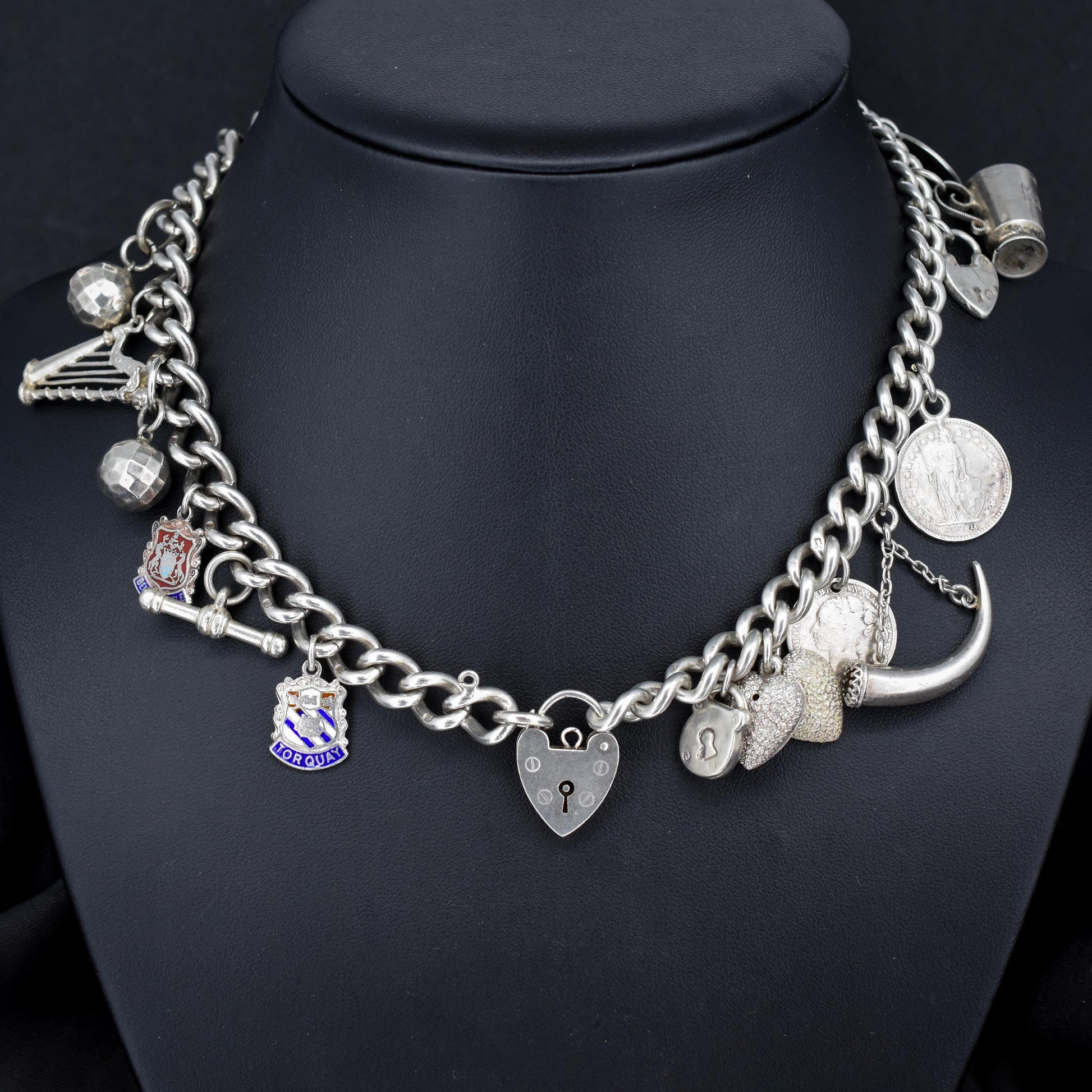 Vintage Sterling Silver Curb Link Multi Charm Necklace | 15.5"