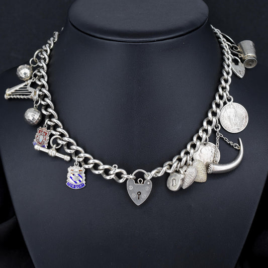 Vintage Sterling Silver Curb Link Multi Charm Necklace | 15.5"