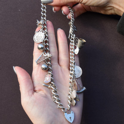 Vintage Sterling Silver Curb Link Multi Charm Necklace | 15.5"