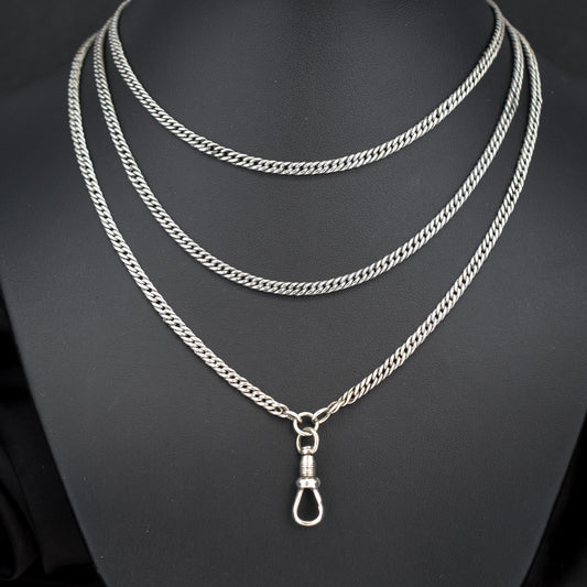 Antique Silver Flat Curb Link Long Guard Chain Necklace | 54" Length
