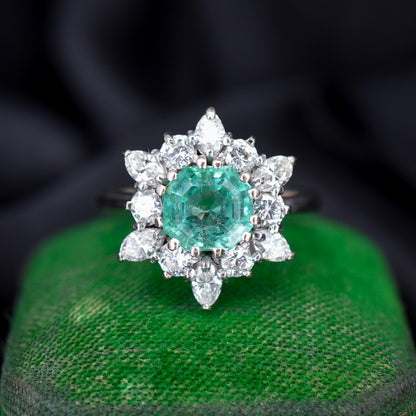 Vintage 1.30ct Natural Emerald and Diamond Snowflake Cluster Gold Ring
