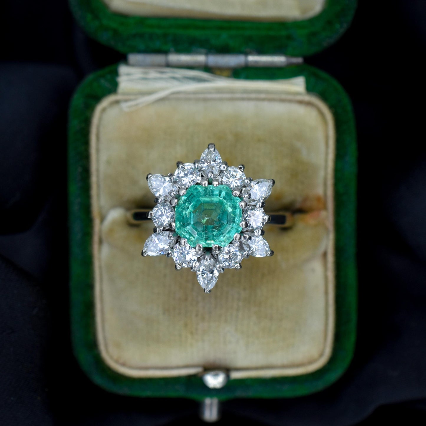 Vintage 1.30ct Natural Emerald and Diamond Snowflake Cluster Gold Ring