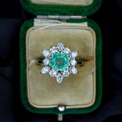 Vintage 1.30ct Natural Emerald and Diamond Snowflake Cluster Gold Ring