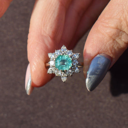 Vintage 1.30ct Natural Emerald and Diamond Snowflake Cluster Gold Ring