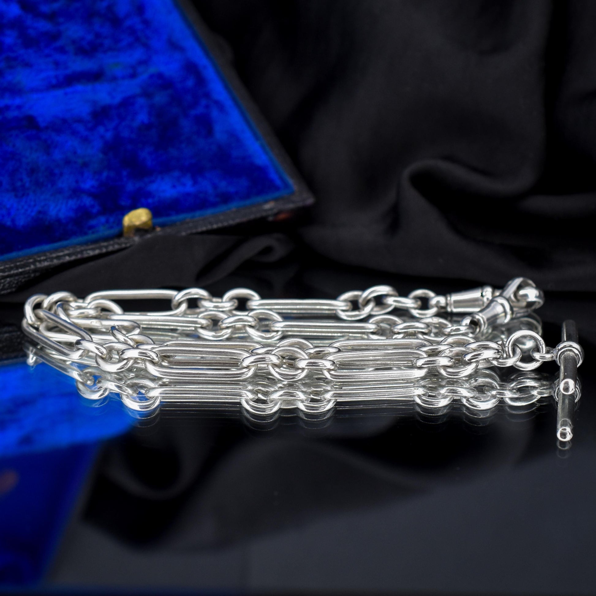 Antique Sterling Silver Trombone Watch Chain with Double Dog Clip and T Bar | 16.75"